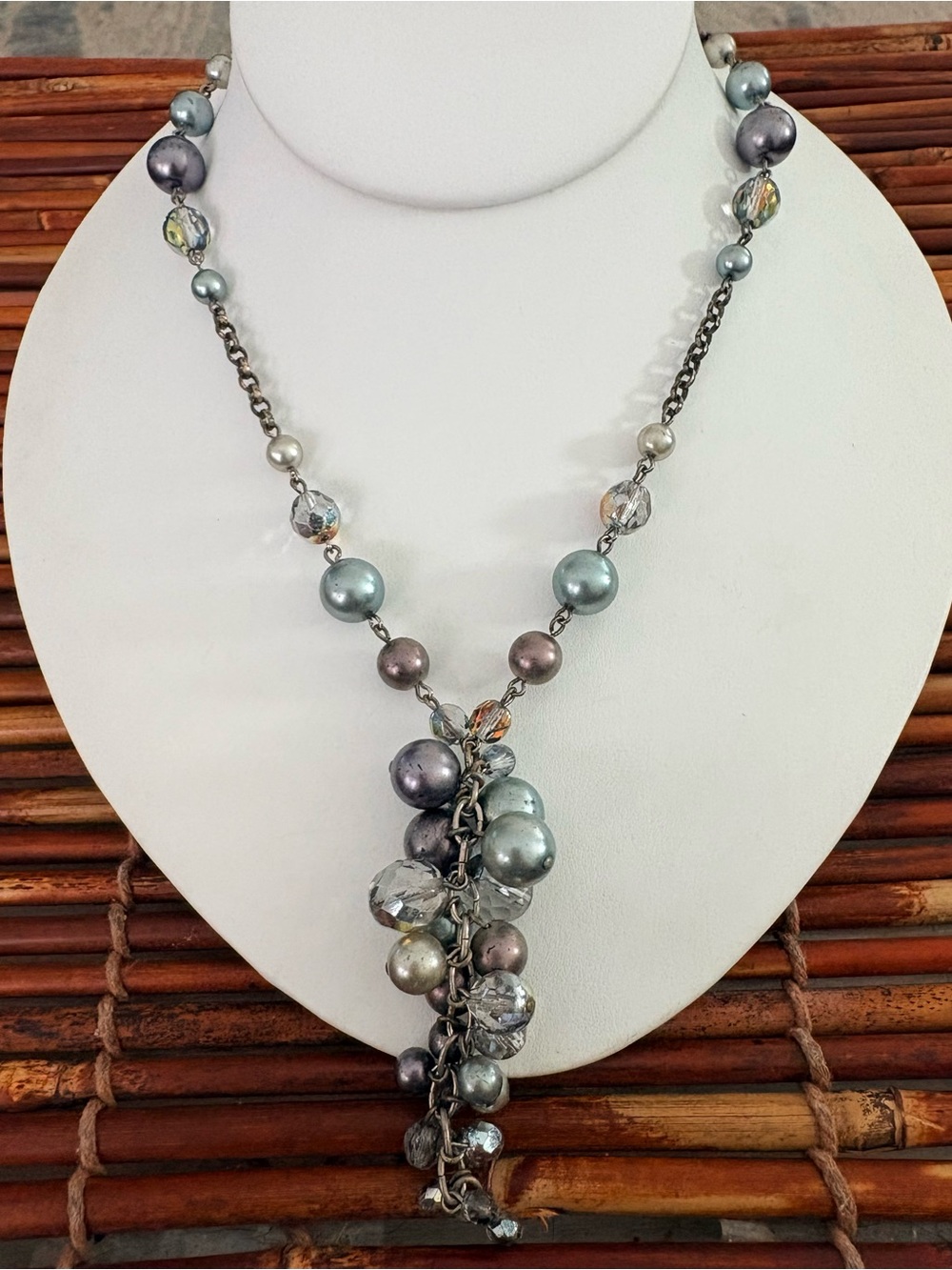 Silver-Tone Cluster Faux Pearl & Crystal Tassel Necklace 24.5”-27”